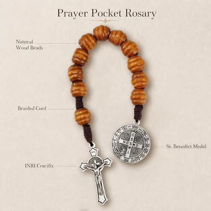 8 Inch Wooden Pocket Rosary for Men, Rosario with Saint Benedict Medal - color: Silver