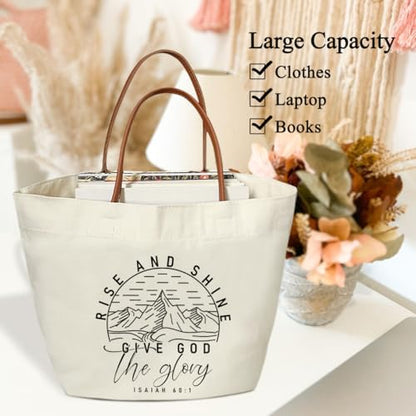 Bible Verse Tote Bags Religion Gifts for Women Christian Canvas Tote Bag Aesthetic Christian Gifts for Women Grocery Beach Bag Shopping Handbag -16 - style: Rise and Shine Give God the Glory -16
