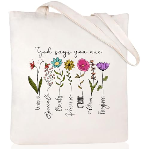 Andeiltech Canvas Christian Tote Bags Bible Canvas Bag Faith-Inspired Graphic Book Tote for Church Christian Birthday Gifts - color: God Says You Are