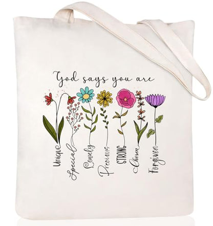 Andeiltech Canvas Christian Tote Bags Bible Canvas Bag Faith-Inspired Graphic Book Tote for Church Christian Birthday Gifts - color: God Says You Are