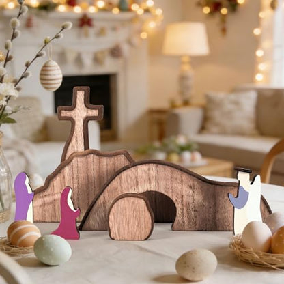 JarThenaAMCS Empty Tomb Easter Table Scene and Cross Decoration Wooden Jesus Nativity Scene He is Risen Centerpiece for Christian Party Home Tabletop Tray Decor, Set of 7 Pcs