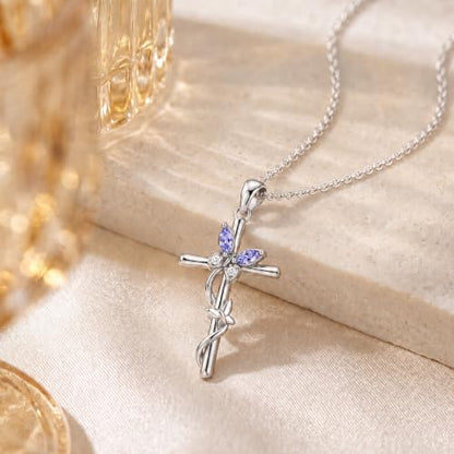 Distance Cross Necklace for Women 925 Sterling Silver Jewelry Pendant Necklace for Mom Wife Gift for Mother's Day or Birthday - style: 06-Light Purple