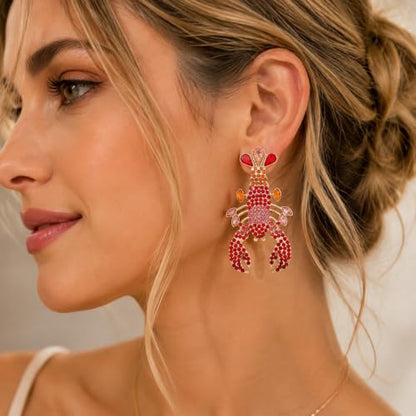 Creative Exaggerated Ocean Animal Drop Dangle Earrings for Women, Bohemia Style Alloy Lobster Octopus Fish Crab Earrings for Summer Beach Holiday Party Jewelry Gifts - style: Pink Red Rhinestone Lobster Earrings-H