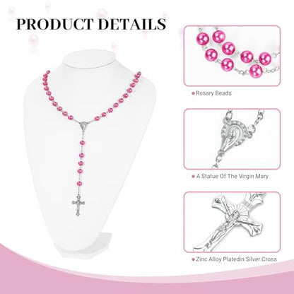 Rose Red Pearl-Style Rosary Necklace with Metal Gift Box, 8mm, 22 Inch - color: Rose