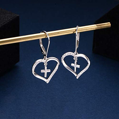 S925 Sterling Silver Heart Dangle Drop Earrings for Women Jewelry Gift - style: Heart Cross.