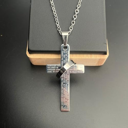 Lord's Prayer Engraved Cross Pendant Necklace with Ring Stainless Steel Religious Jewelry for Men and Women, Faith-Inspired Gift - color: Silver
