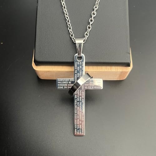 Lord's Prayer Engraved Cross Pendant Necklace with Ring Stainless Steel Religious Jewelry for Men and Women, Faith-Inspired Gift - color: Silver