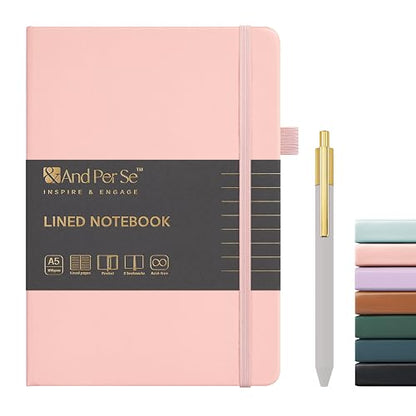 &And Per Se Lined Journal and Pen Set, A5 Leather Hardcover Notebook with Pen & Stationary Set, 160 Pages 100GSM Thick Ruled Paper Journal for Business Work Writing (Pink) - color: Pink