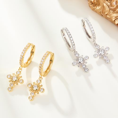 925 Sterling Silver Crown Cross Drop Dangle Earrings for Women - color: Gold 2