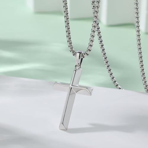 Small Dainty Cross Pendant Necklace 925 Sterling Silver for Women with 18", 20" Sturdy Chain 14K White Gold Plated - size: 20" Chain, style: Chamfered