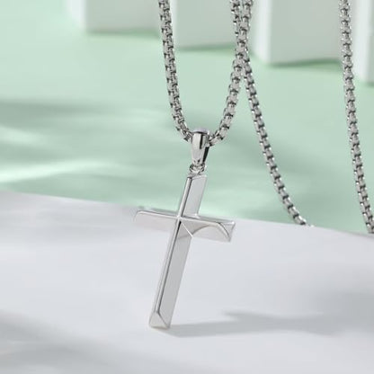 Small Dainty Cross Pendant Necklace 925 Sterling Silver for Women with 18", 20" Sturdy Chain 14K White Gold Plated - size: 20" Chain, style: Chamfered