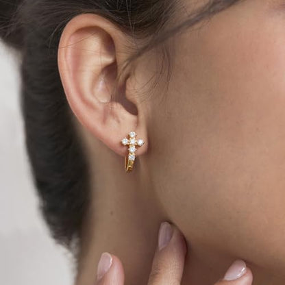 Diamond Hoop Cross Earrings, 925 Sterling Silver Earrings CZ Huggie Hoops - color: Gold