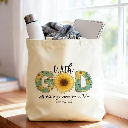 Christian Gifts for Women Faith With God All Things Are Possible Religious Bible Verse Canvas Tote Bag with Handles Inspirational Spiritual Birthday Christmas Gifts for Best Friend Sister Coworkers