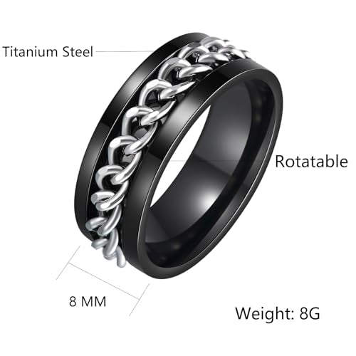 Mens Fidget Rings Anxiety Ring for Men 6mm 8mm Chain Spinner Ring Size 5-14 - color: Black Silver