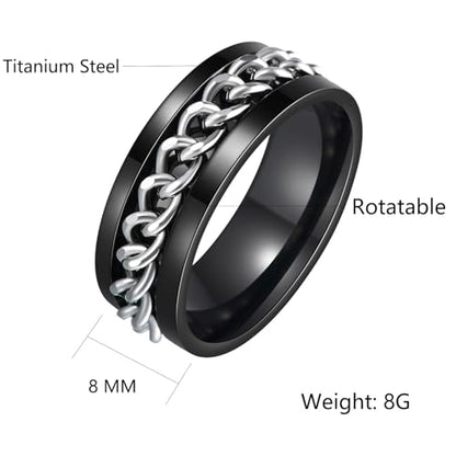 Mens Fidget Rings Anxiety Ring for Men 6mm 8mm Chain Spinner Ring Size 5-14 - color: Black Silver