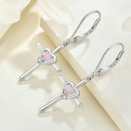 Cross Earrings 925 Sterling Silver Opal Crucifix Dangle Drop Earring Heart Birthstone Religious Jewelry for Women - color: Pink Opal