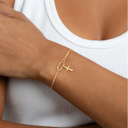 NECOCY Cross Bracelet for Women, 14K Gold/Silver Plated Dainty Bracelet