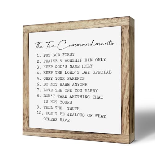 The Ten Commandments Sign, Farmhouse Home Decor, Living Room Decor, Kids Bedroom Decoration, Christian Desk Signs, Commandments for Kids, Encouragement Gift, Wooden Plaques Box Signs, 9.8 * 9.8 Inch - color: Home 20