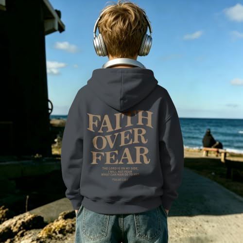 Fkatuzi Boys Christian Faith Over Fear Hoodie Kids Jesus Sweatshirt Faith Verse Bible God Religious Graphic Hoodies Pullover - color: Deep Gray, size: 7-8 Years