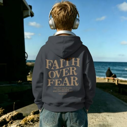 Fkatuzi Boys Christian Faith Over Fear Hoodie Kids Jesus Sweatshirt Faith Verse Bible God Religious Graphic Hoodies Pullover - color: Deep Gray, size: 7-8 Years