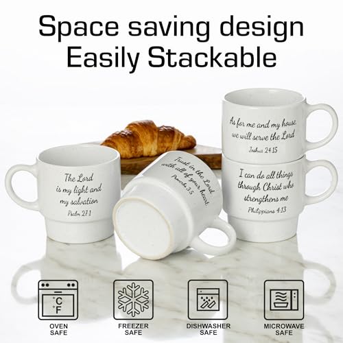 Signature Housewares Stackable Coffee Mug Tower Set with Metal Wire Rack - 15 Ounce Coffee Mugs for Coffee, Tea, Cocoa, Milk, Cappuccino, Hot Chocolate Set of 4 - Inspirational Bible Verses - color: Inspirational Bible Verses, size: 15oz