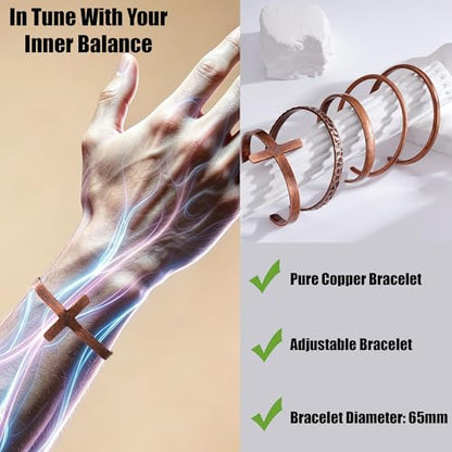 Pure Copper Bracelets for Women Men Waterproof Healing Cuff Bracelets for Men Adjustable Chunky Healing Copper Bangle Jewelry Gifts - color: copper-cross
