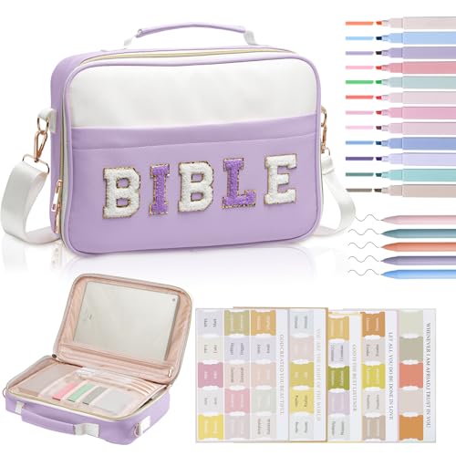 KOPKOFT Bible Cover Case for Women, Large Chenille Letter Leather Bible Case with Bible Study Accessories, Bible Study Supplies Bible Journaling Kit, Christmas Christian Gift for Women Girls (Purple) - color: Purple