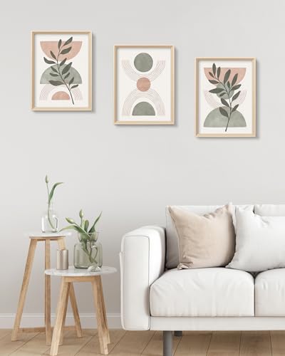 HesenDot Boho Sage Green Framed Wall Art, 12x16IN High Wood Frame Design - color: High Frame Green Neutral Leaf