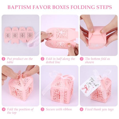 100 Pcs Pink Baptism Favors Mini Rosary Cross Boxes Gift Bags Cards