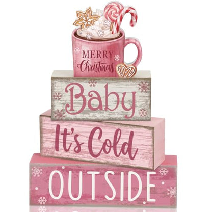 Moucuny 4 Pcs Pink Christmas Table Decor Wooden Hot Chocolate Cocoa Decor - style: Baby, It’s Cold Outside