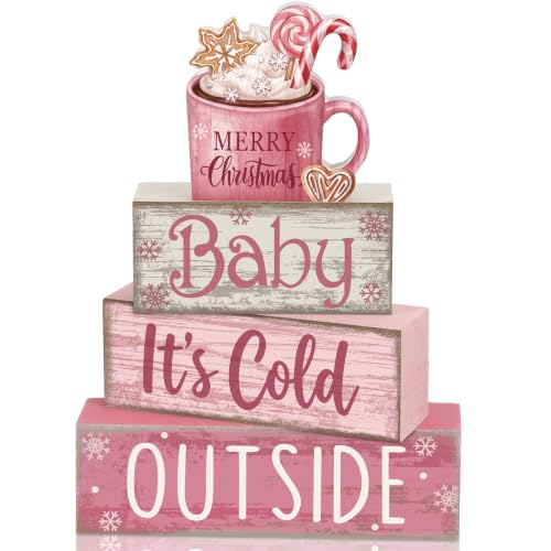 Moucuny 4 Pcs Pink Christmas Table Decor Wooden Hot Chocolate Cocoa Decor - style: Baby, It’s Cold Outside