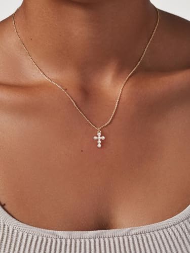 Cross Necklace for Women, Dainty 14K Gold Plated CZ Pendant - color: Gold-pearl cross