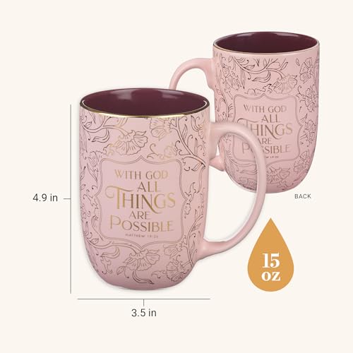 Christian Art Gifts Large Ceramic Coffee Bible Verse Mug for Women - color: All Things are Possible/Pink & Rose Gold Floral