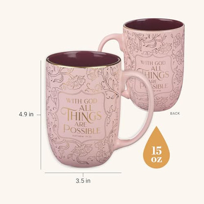 Christian Art Gifts Large Ceramic Coffee Bible Verse Mug for Women - color: All Things are Possible/Pink & Rose Gold Floral