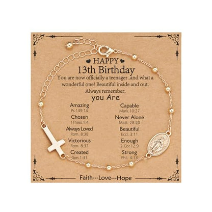 Gnamy Happy 13th 15th 16th 21th 30th 40th 50th Birthday Bracelet Gifts for Women Girls, 14k Gold Plated Virgin Mary Cross Bracelet Catholic Religious Friendship Jewelry for Her - style: 13th Birthday