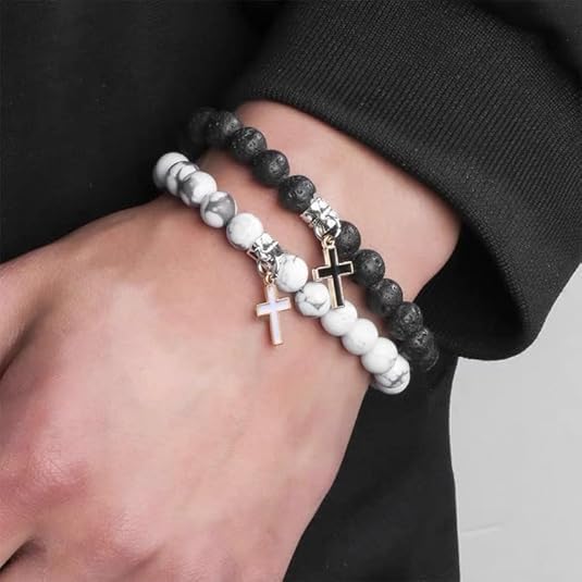 Matte Lava Rock Beaded Couple Bracelet Set for Women Men Black White 8mm Howlite Natural Volcanic Stone Matching Beads Elastic Cross Pendant Stretch Bracelets Religion Charm Friendship BFF Jewelry
