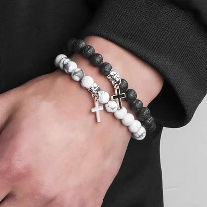 Matte Lava Rock Beaded Couple Bracelet Set for Women Men Black White 8mm Howlite Natural Volcanic Stone Matching Beads Elastic Cross Pendant Stretch Bracelets Religion Charm Friendship BFF Jewelry