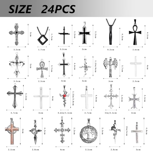 ywevyezc 12/24PCS Cross Necklace for Men, Mens Necklaces Jewelry Set Silver Chain Stainless Steel Cross Pendant Goth Necklace for Boys 16-24 inches Chain - style: 24pcs Cross Necklace