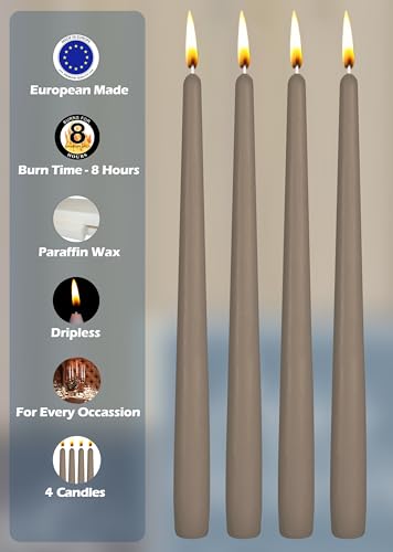 Hyoola Tall Taper Candles - 10 Inch Taupe Grey Unscented Dripless Taper Candles - 8 Hour Burn Time - 4 Pack - color: Taupe Grey, size: 10 Inch
