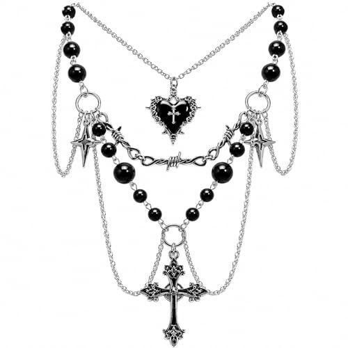 Women's Gothic Y2K Emo Chunky Silver Cross Necklace with Black Pearls, Layered Cross Pendant Necklace Set for Layered Necklaces - Fashion Statement Jewelry