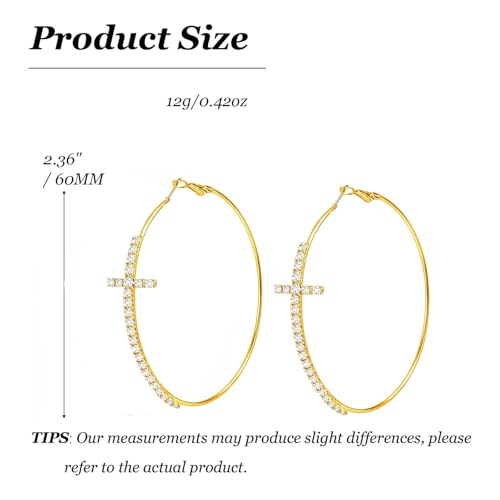 Large Cross Hoop Earrings for Women Sparkly Rhinestone Statement Jewelry for Prom Wedding Party Night Out Accessories Shiny Silver Tone Fashion Dangle Earings - color: Gold