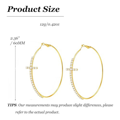 Large Cross Hoop Earrings for Women Sparkly Rhinestone Statement Jewelry for Prom Wedding Party Night Out Accessories Shiny Silver Tone Fashion Dangle Earings - color: Gold