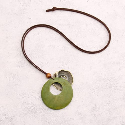 Leather Necklace for Women Long Boho Pendant Hippie Choker Necklace Bohemian Layered Leather Rope Wooden Jewelry Gifts - style: Wood Pendant Necklace