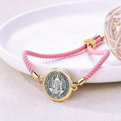 Catholic Bracelets St. Benedict Bracelet Red Rope Double Hole Pendant Couple Woven Bracelets Adjustable Black Bracelet - color: pink