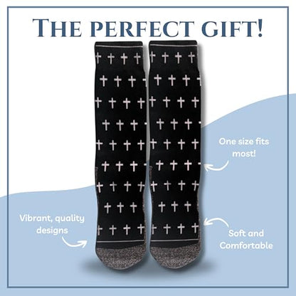 Bible Verse Socks for Men, Christian Scripture Crew Socks, Faith Gift - color: Black and White Crosses