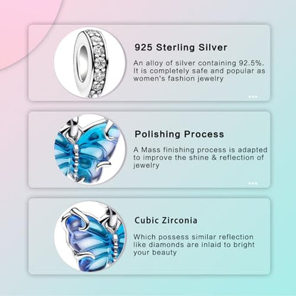 LUXILLA 925 Sterling Silver Charm Golden Family Tree Sparkling Cross Cute Dragon Charms Fits Bracelets Necklace Pendant Bead Jewelry Gift for Women Family Friends - color: Blue Murano Glass Butterfly Charm