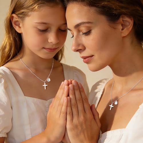M MOOHAM Initial Cross Necklace for Girls, Baptism Gifts for Girl Jewelry - color: T