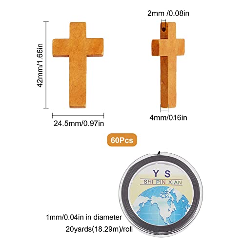 SUNNYCLUE Easetr Holiday Wood Cross Charms Natural Wooden Cross Beads Charm 1.65 inch String Unfinished Wood Bulk 1mm Black Waxed Cord for Jewelry Making Braided Necklace Bracelet DIY Supplies - color: 60pcs Camel 42x24.5mm & Cord