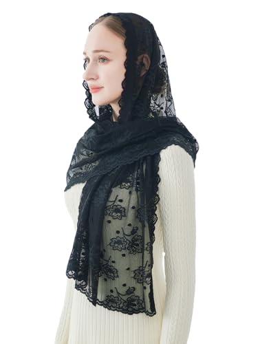 Wgior Catholic Chapel Veil – Floral Mantilla Head Covering for Church, Prayer, and Modesty – Soft Rectangular Shawl - color: Black