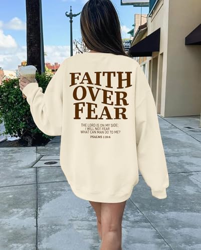 FRYAID Christian Sweatshirt Women Faith Over Fear Christian Religious Sayings Pullover Shirt Letter Print Long Sleeve Tops - color: B-apricot, size: Medium